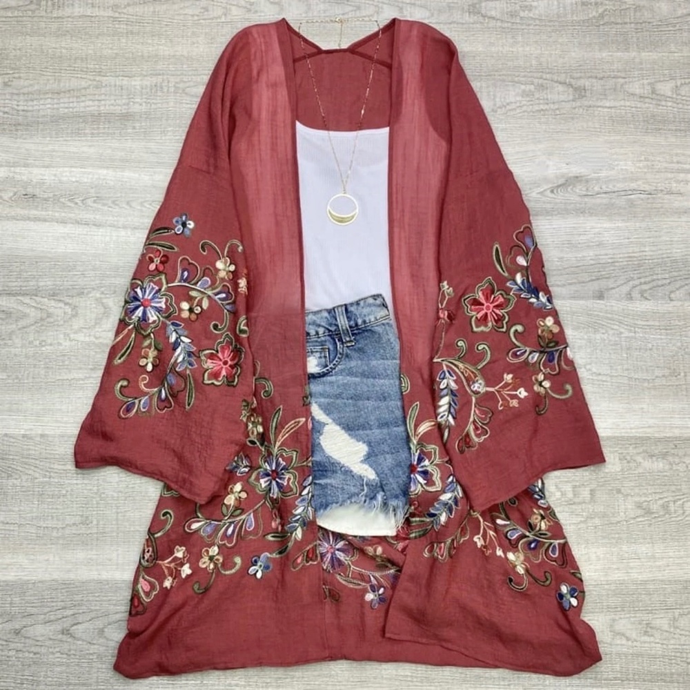 Long sleeve Embroidered Kimono | PLUM